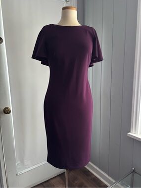 Calvin Klein Deep Plum Midi Dress with Flutter Sleeves